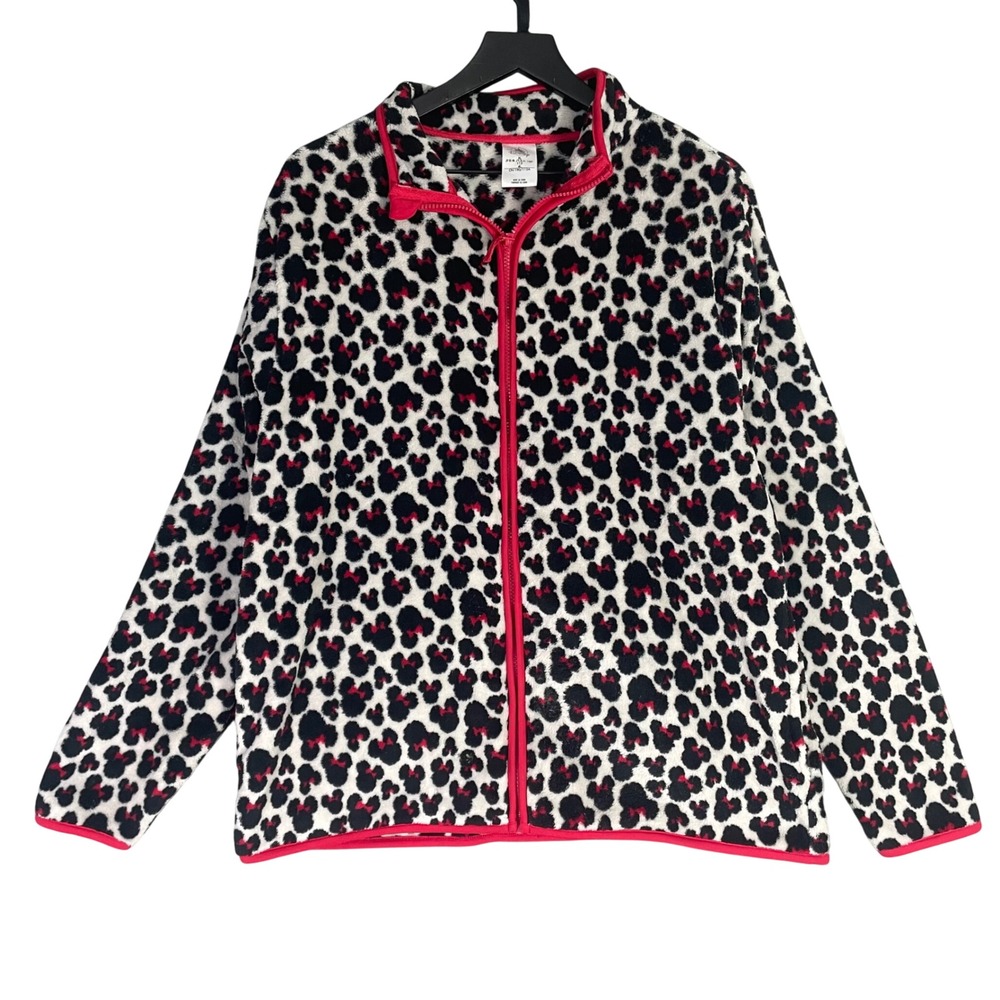 Disney Parks Minnie Mouse Leopard Fleece Jacket Womens XL Red Bow Full Zip